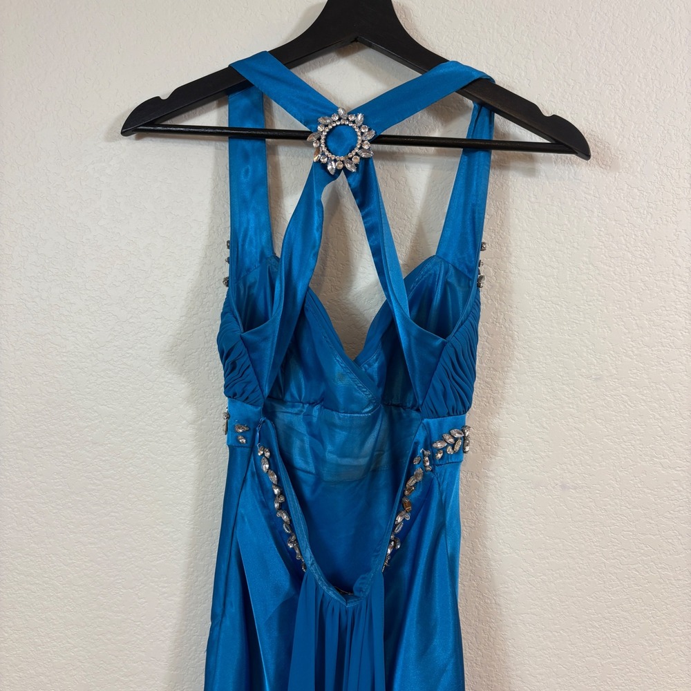 Cache Formal Dress Women 2 Blue Vintage Y2K Rhinestone Satin Halter Gown Bling - Picture 5 of 9